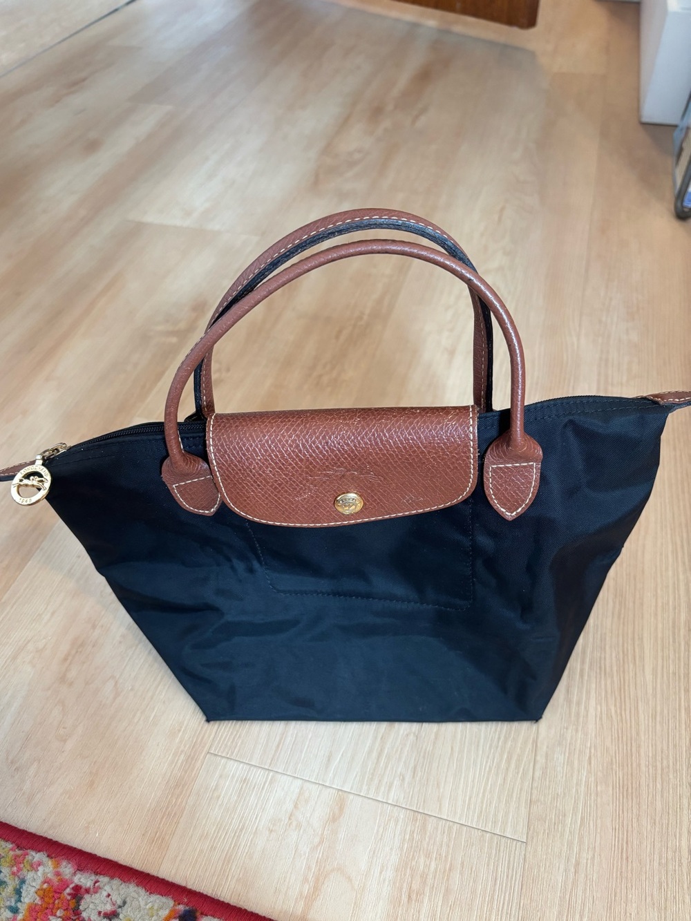 Longchamp Black Nylon Tote with Brown Leather Trim